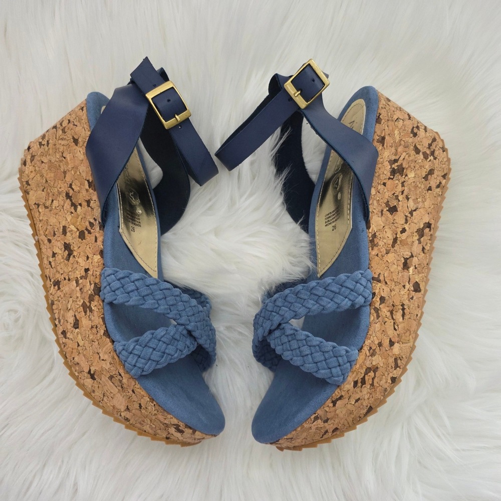 Braided Wedge Sandals Women 9/26 Blue LIGHT WEIGHT Cork Platform Ankle Strap